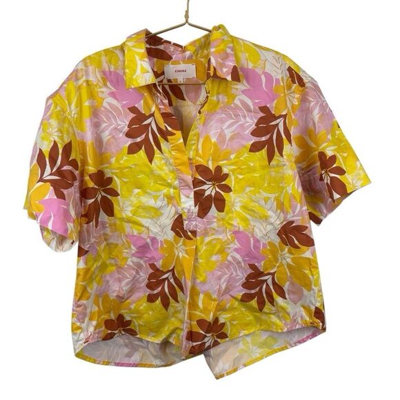 xirena Yellow Pink Floral Short Sleeve Button Down 100% Cotton Size‎ M - Picture 1 of 7